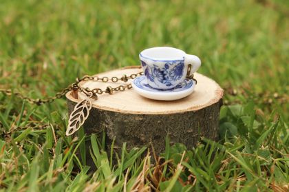 Floral Porcelain Teacup Necklace with Fine Beaded Antique Bronze Chain
