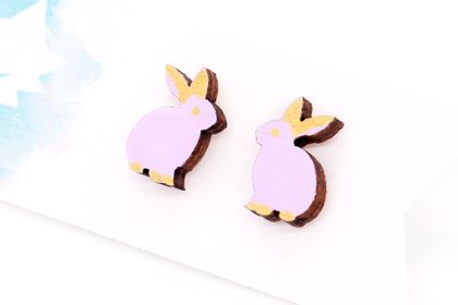 Hand Painted Laser Cut Bamboo Bunny Stud Earrings