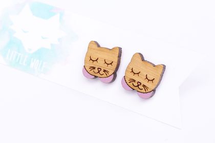 Cat Face Stud Earrings - Hand Painted Wood