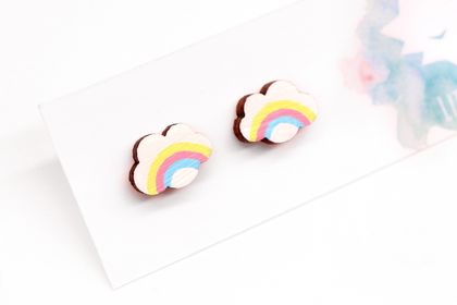 Rainbow Cloud Stud Earrings - Hand Painted Wood