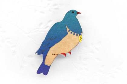 Hand Painted Wooden Kererū with Kowhai Flower Brooch