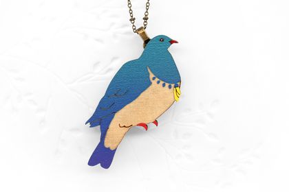 Hand Painted Wooden Kererū with Kowhai Flower Necklace