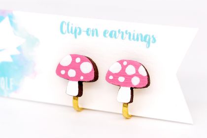 Clip-On Earrings - Hand Painted Laser Cut Wood Toadstools