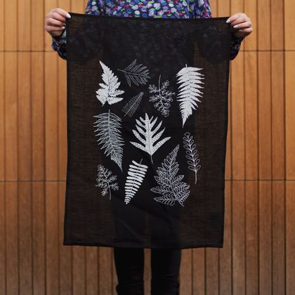Fern Print Black Linen Tea towel