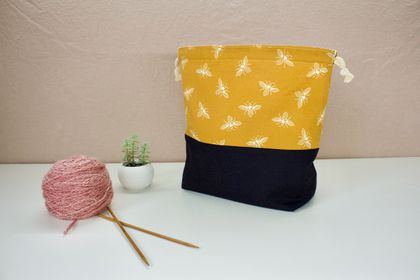 Knitting Project Bag - Mustard Bees Medium Size