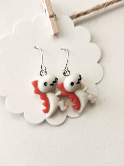 Red and Grey cute pretty yet scary dinosaur fun 316 surgical steel dangling earrings 