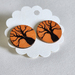 Witches black tree with orange background wooden button earrings big round studs