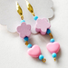 Gold plated pink hearts flower long dangling pretty in pink baby blue earrings wood metal glass