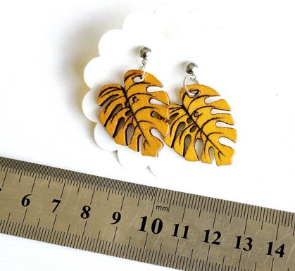 Mustard yellow stainless steel hypoallergenic short dangling earrings leaves monsteria earrings jewelry accessories wooden buttons into earrings