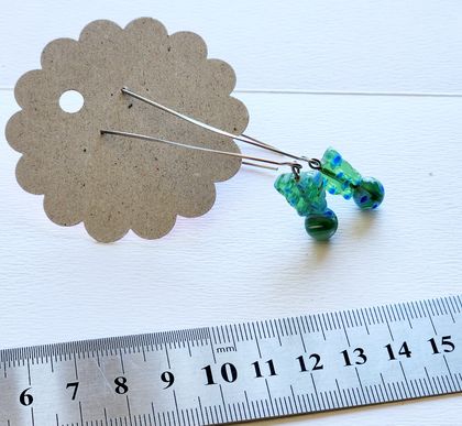 Green blue flowers glass butterfly stainless steel long drop hypoallergenic dangling earrings upcycled sustainable rescued jewelry