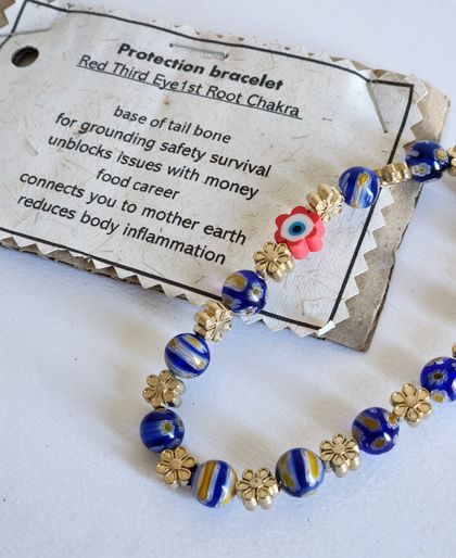 Dark blue gold flower evil eye, third eye protection glass red eye bracelet