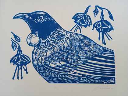 Tui Linocut in kahurangi/blue