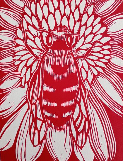 Native Bee Linocut in Whero Red