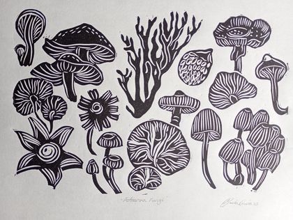 Aotearoa New Zealand Fungi Linocut in black