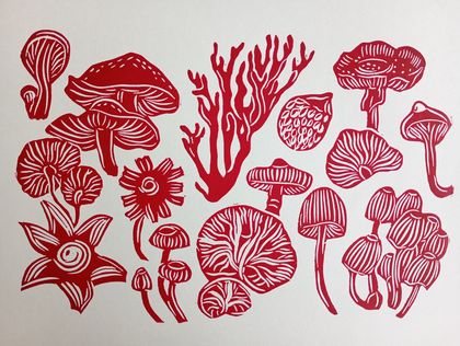 Aotearoa New Zealand Fungi Linocut in red