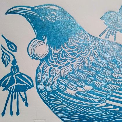 Tui Linocut in kahurangi/blue