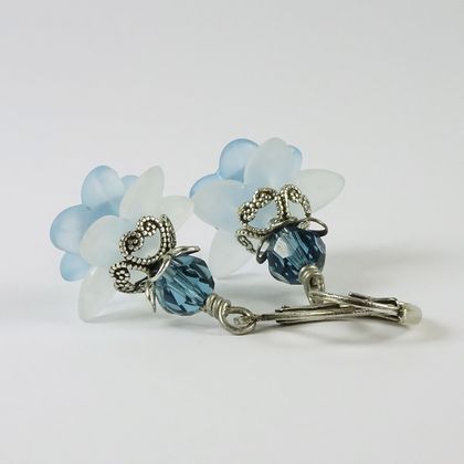 Modern Vintage Silver Lucite Flower Earrings - Two Tone Aqua
