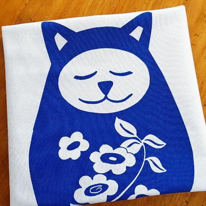 Handprinted Tea Towel - Large Springtime Sleepy Cat