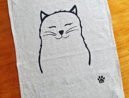 Handprinted 100% Linen Tea Towel - Miss Kitty
