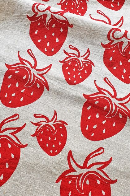 Handprinted 100% Linen Tea Towel - Strawberry Fields