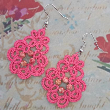 Hand Made Tatted Lace Earrings - Dark pink