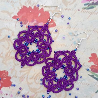 Hand Made Tatted Lace Earrings - Purple