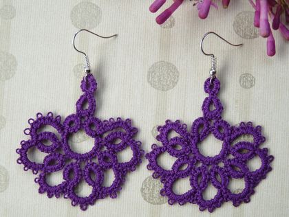 Purple Hand Made Tatted Lace Earrings