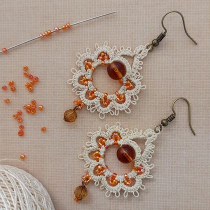 Orange and Ecru Hand Made Tatted Lace Earrings