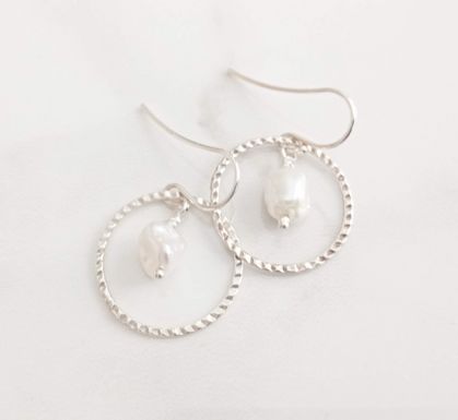 Hammered Hoop/Pearl Earrings