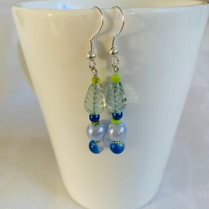 Earrings - Blue flax flower with pale leaf