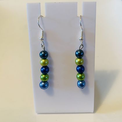 Earrings - Glass Pearls: Blue and Chartreuse