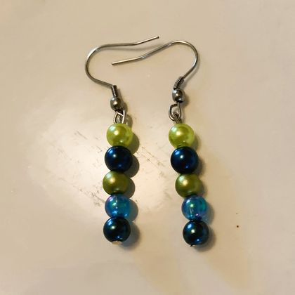 Earrings - Glass Pearls: Lime, Blue Sparkle