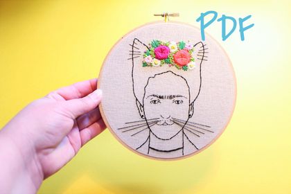 Frida Kahlo Cat Beginner Hand Embroidery Pattern PDF digital download