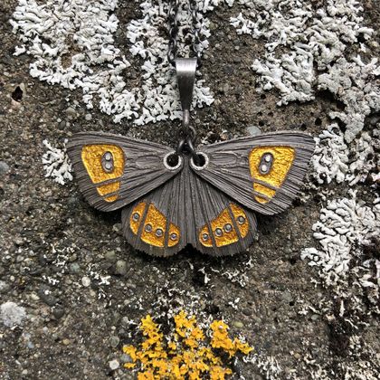 Hand engraved and glass enamelled tussock ringlet butterfly pendant in fine silver