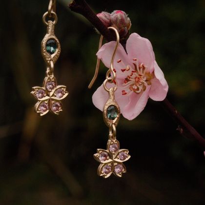 Solid 9ct gold blossom earrings with pink and green sapphires
