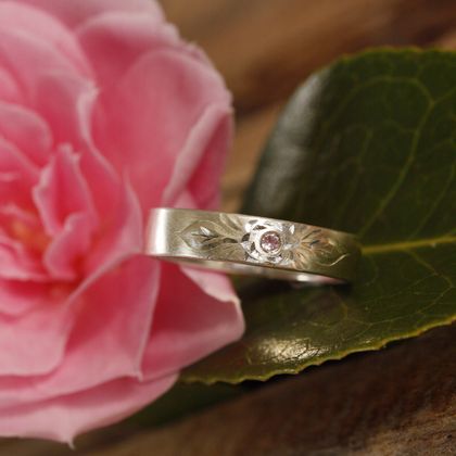 Camelia pink sapphire ring, hand engraved