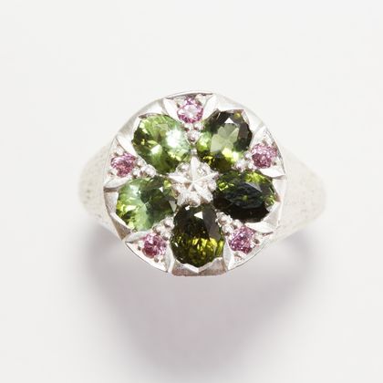 Kaleidoscope ring with green tourmalines and rhodolite garnets 