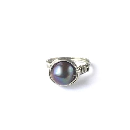Black Freshwater Pearl Ring Wire-Wrapped in Eco Argentium Silver