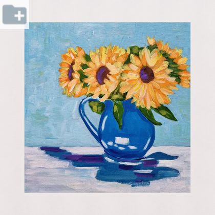GOLDEN SUNFLOWERS IN A BLUE JUG...Original Acrylic painting 