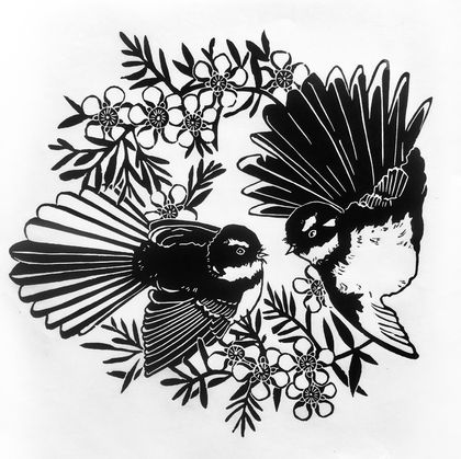 ‘Fantails and Manuka’ Original handcarved linocut Print