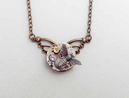 Winged & Petite - Steampunk Inspired with a bee and crystal - Silver & Brass stunner