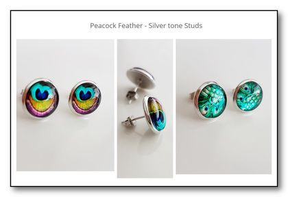 Earrings -  Peacock Feather - Silver tone Studs