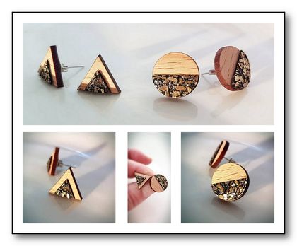 Earrings - Natural Beech Wood and Gold Flakes, Choose a shape. ON SALE