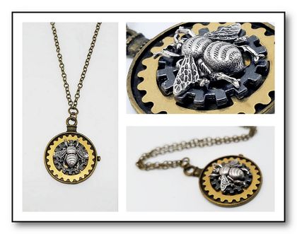 The Bumble Bee and Cogs, Steampunk Inspired Brass Pendant