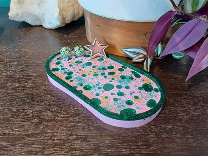 Handcrafted Resin Trinket Tray - green, gold and pink