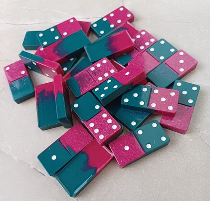 Handcrafted Resin Dominoes - crimson and teal