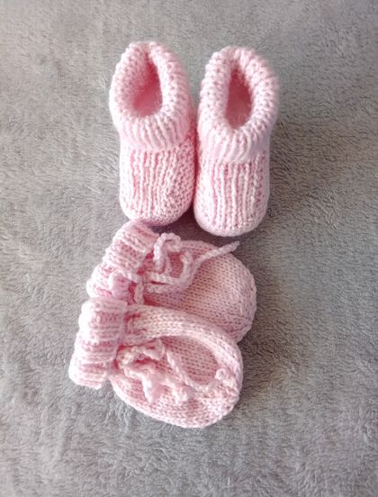 Knitted Merino Mitts& Booties Set 0-3 months-Pink