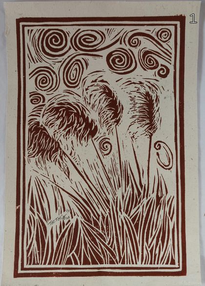 Original Toe Toe linoprint - elephant dung handmade paper limited edition