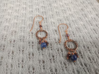 Oxidised copper washer earrings with garnet and lapis lazuli