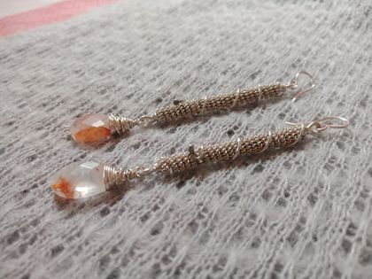 Long wire wrapped sterling silver earrings with peach quartz